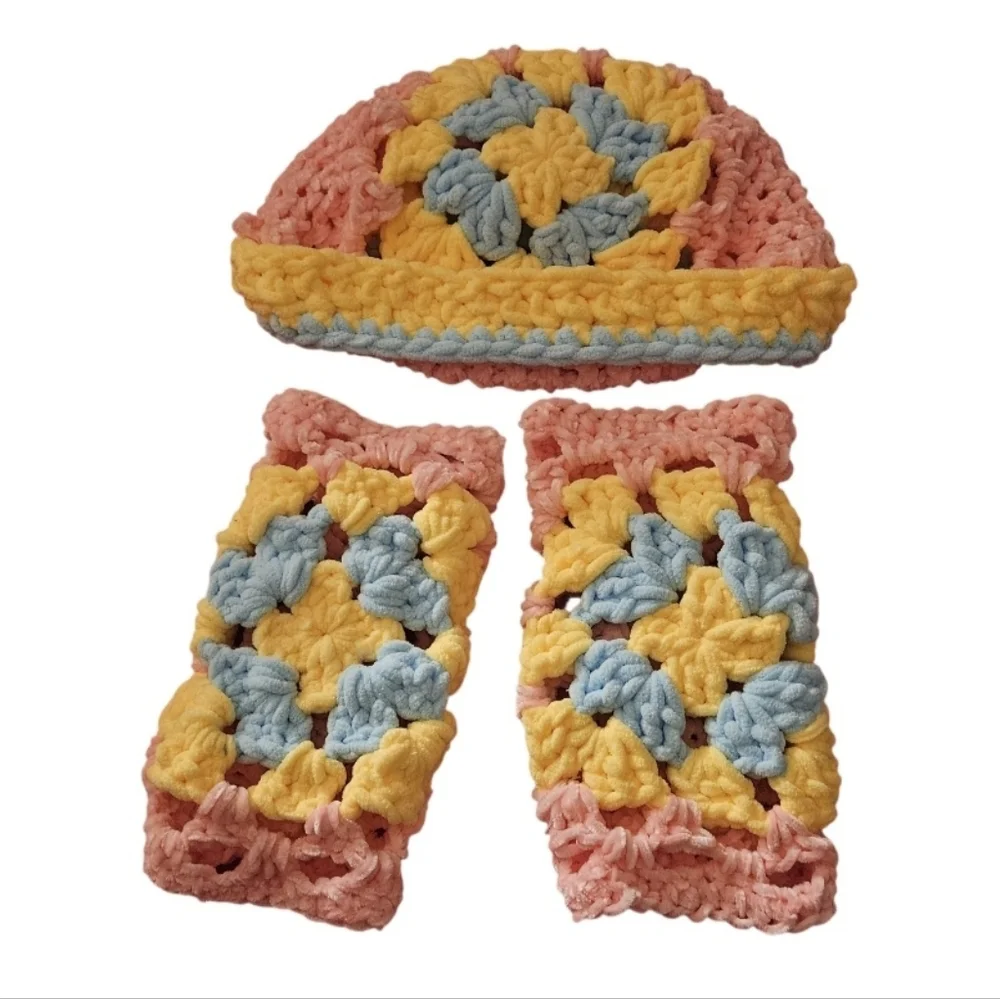 Handmade Pastel Crochet Beanie Wrist Warmers Set Pink Yellow Blue Hand Knit - Picture 3 of 16